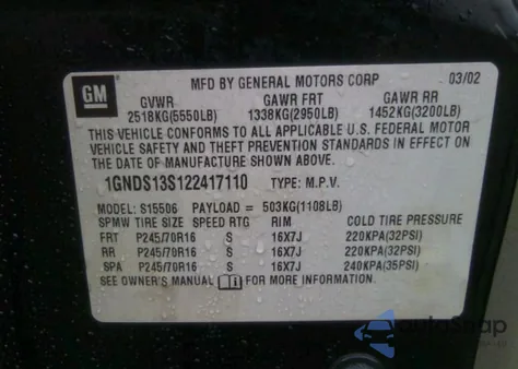 2002 Chevrolet Trailblazer z USA, uszkodzony, nr VIN 1GNDS13S122417110